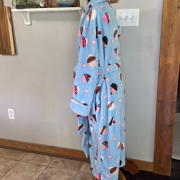 Oscar de la Renta womens plush cupcake bathrobe size small medium blue cozy comf - Picture 3 of 8